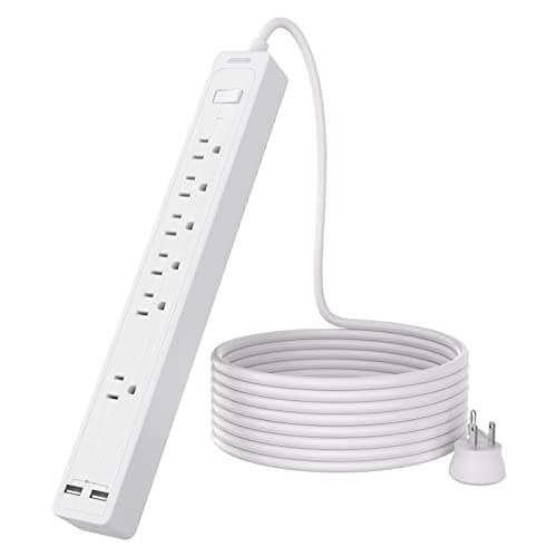 Extension Cord 15 ft, 6 Outlets Outlet, Heavy Duty Long Power Strip Flat Plug, 1875W Flat Plug, Widely Spaced Outlet, Wall Mount for TV Dorm Office Home Theater, White