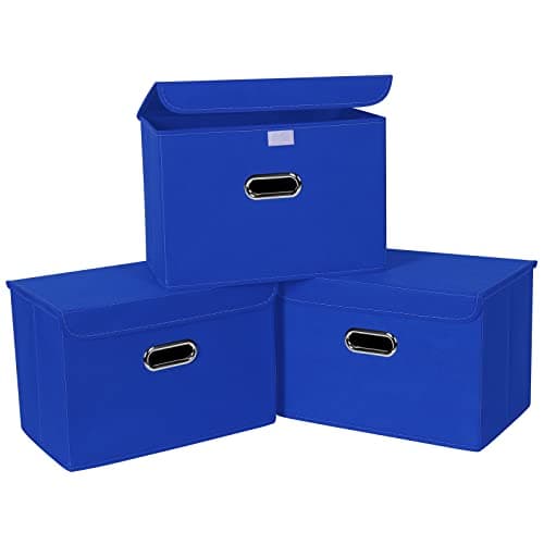 SEVENDOME Linen Fabric Foldable Collapsible Storage Cube Bin Organizer Basket Fabric Storage Bins with Lid, Leather Handles, Removable Divider for Home, Closet, Dark Blue 3Pcs