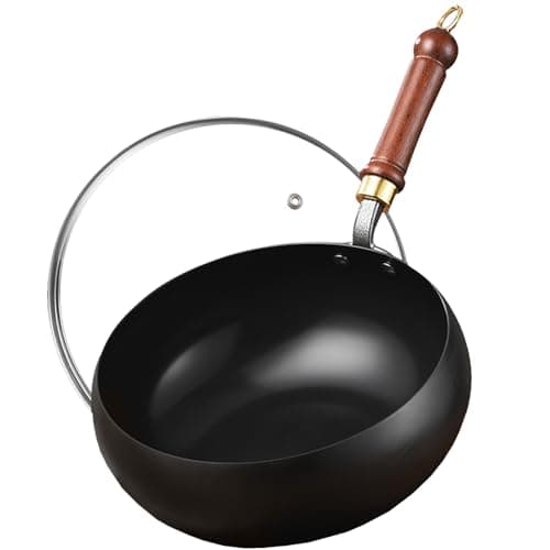 UMETRE Carbon Steel Wok Pan, 8.7 INCH Nonstick Pre-Seasoned Woks & Stir-Fry Pans with Lid, No Chemical Coating Wok Flat Bottom Small Handmade Chinese Wok for Induction, Gas, Electric & All Stoves