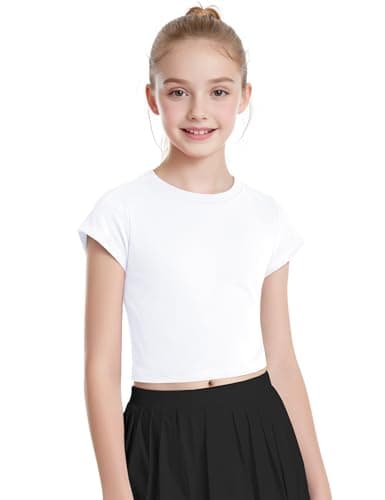 Auranso Girls Crop Tops Summer Short Sleeve Round Neck T Shirts Basic Tee for Kids White 11-12 Years
