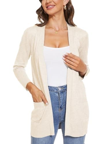 INKOFF Womens 3/4 Sleeve Open Front Cardigan Sweaters with Pockets Beige XXL