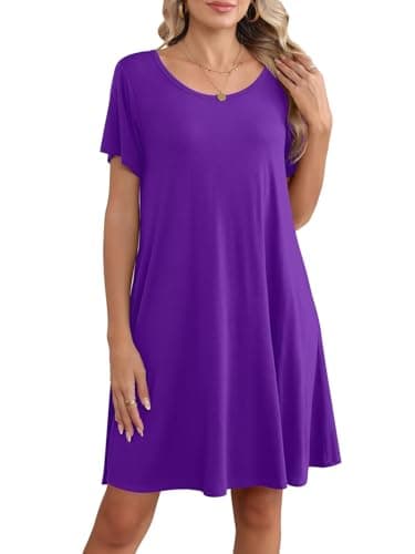 BELAROI Plus Size Dress for Women Summer T Shirt Dresses Flowy Scoop Neck Short Sleeve Tunic Dress with Pockets Casual Swing(4X,Deep Purple)