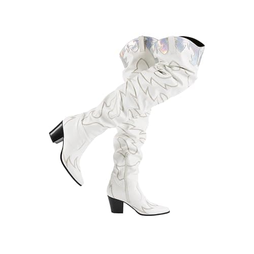 DREAM PAIRS Women's Cowboy Over The Knee High Boots,White,6