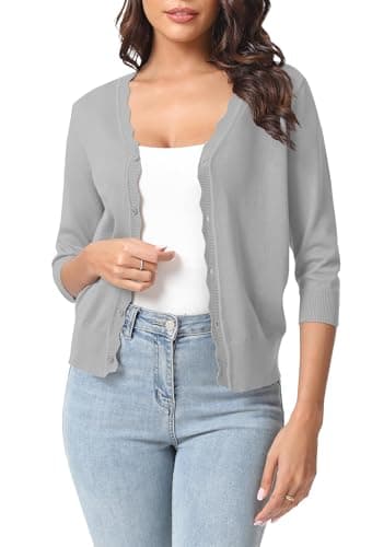 Urban CoCo Women's Lightweight V-Neck Cropped Cardigan Sweater 3/4 Sleeve Knitted Sweaters for Women 2026 (Light Grey,S)