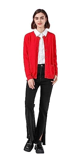 SMILING PINKER Women Cardigan Sweater Button Down Crew Neck Ribbed Knit Sweater with Pockets (Red,XX-Large)