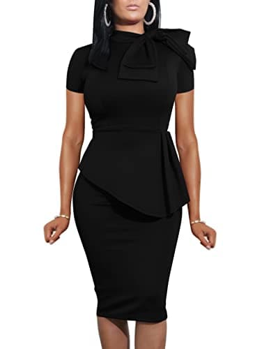LAGSHIAN Women Bodycon Short Sleeve Bow Ruffle Pencil Party Dress Black