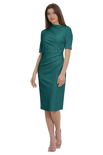 Maggy London Women's Dresses Side Pleat Dress with Asymmetric Neck and Elbow Sleeves