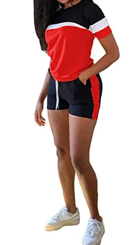 Women 2picese Two piece Fashion Biker Short Set Jogger Conjunto Red S