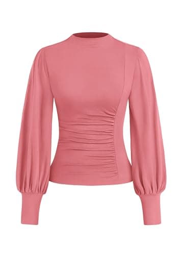 KIRUNDO Blouses for Women Dressy Casual 2026 Spring Tops Fall Puff Long Sleeve Shirts Fitted Mock Neck Ruched Trendy Tops(Pink, Small)