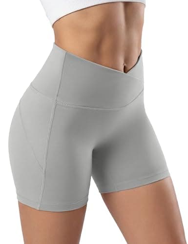 MAGCOMSEN Crossover Biker Shorts Women 4" No Front Seam High Waist Tummy Control Yoga Workout Gym Shorts Back Pocket Light Grey XS