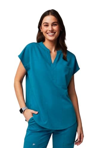 Fabletics Women's Evolve 3-Pocket Scrub Top with an Oversized Fit - MotionTech, 4-Way Stretch, Wrinkle-Resist, Anti-Shrink, Caribbean Blue, Regular, 4X