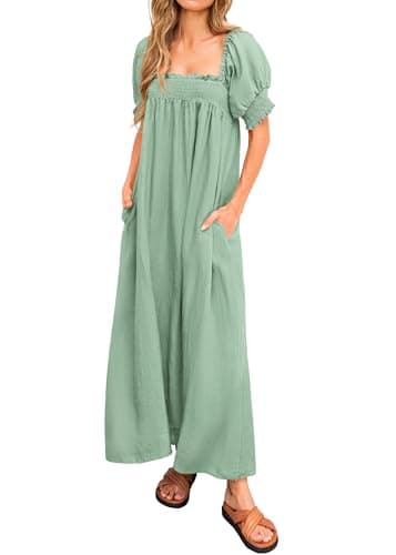 KIRUNDO Women 2026 Summer Maxi Dress Casual Loose Puff Sleeve Square Neck Maternity Flowy Long Beach Dresses with Pockets(Sage Green, Small)