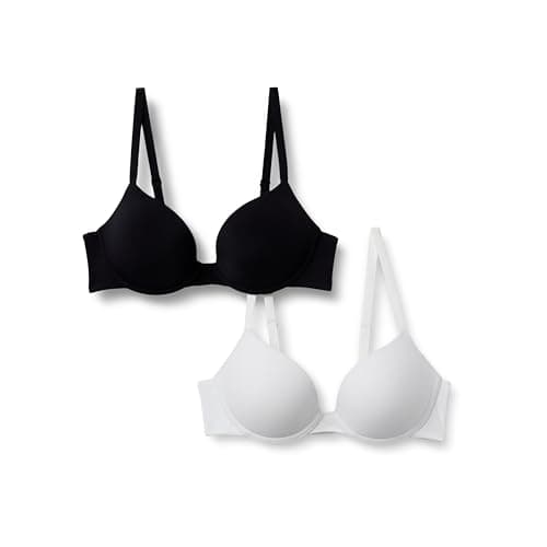 Amazon Essentials Women's Microfiber Lined Push Up Plunge Bra, Underwire, Pack of 2, Black / White, 32DD