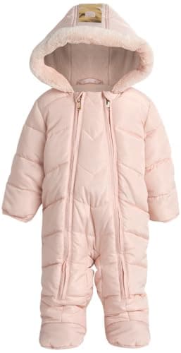 DKNY Baby Girls Snowsuit - Soft Fleece Lined Hooded Winter Pram Baby Snowsuit Outerwear for Newborns & Infants (Sizes 3-9M), Size 3-6M, Blush/Gold