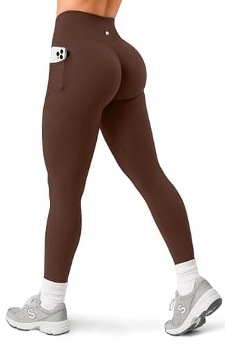 Sogetdo Leggings with Pockets for Women High Waistd No Front Seam Buttery Soft Stretchy Workout Running Gym Yoga Pants S805-Dark Brown-XL