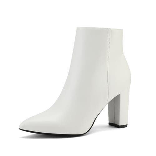 DREAM PAIRS Women's Chunky Heel Ankle Booties Pointed Toe Short Boots,Size 6,White/Pu,SIANNA-1