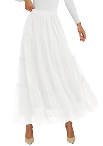 PRETTYGARDEN Women's Fall Soft Tulle Tiered Long Skirt,White,XL