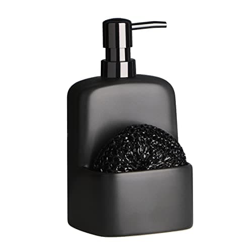 Dish Soap Dispenser - Kitchen Soap Dispenser with Sponge Holder Matte Ceramic Soap Daddy Dispenser 20oz for Kitchen (Matte Black)