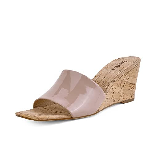 Easyfox Nude Wedge Sandals for Women Open Toe Wedge Heels Womens Heeled Sandals Square toe Wedge Mules Summer Dress Sandals Size 6