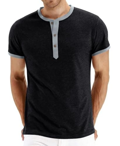 PEGENO Mens Short Slim Sleeve Casual Fashion Henley Shirt (Black Dark Grey Small)