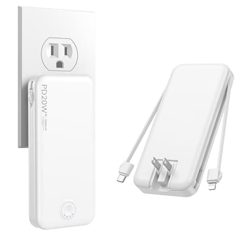 Nusyddy Portable Charger, 10000mAh PD20W Fast Charging Power Bank with Built-in Cables & Wall Plug, Travel Essentials External Battery Pack, USB C Battery Phone Charger for iPhone, iPad, Samsung White