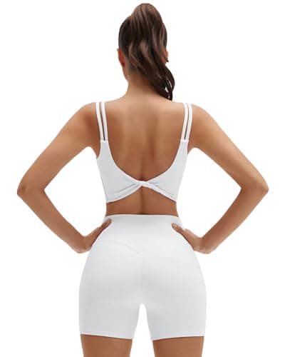 SUUKSESS Womens Workout Set Fitness Yoga Pilates Crop Tank Twist Back Cami High Waisted Tummy Control Bike Short (White, M)