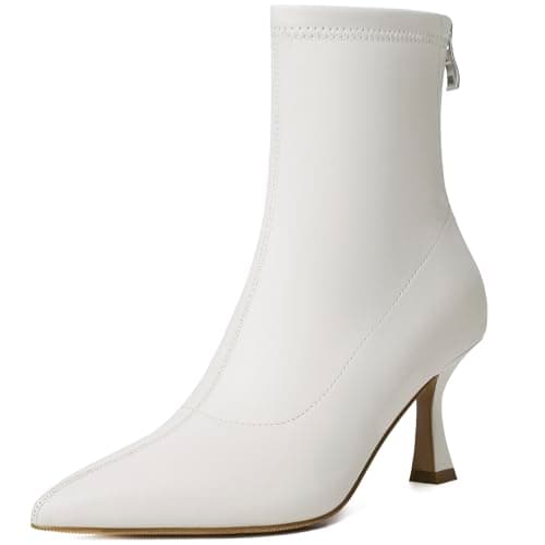 RIBONGZ White Ankle Boots for Women Kitten Heeled Booties Back Zipper Pointed Toe Dressy Fur Mid Calf Short Stiletto High Heel Fashion Leather PU Work Dress Shoes 8.5