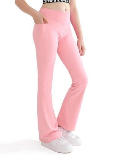 Nutyomi Girls Flared Bottom Sport Yoga Dance Pants for Kids High Waist Solid Color Running Leggings with Pockets Light Pink 10-11 Years