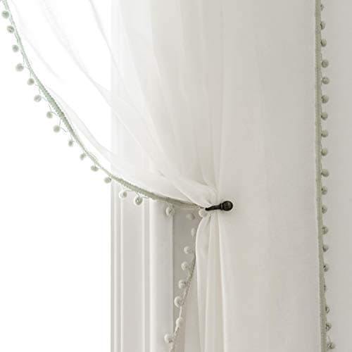 MISS SELECTEX Linen Look Pom Pom Tasseled Sheer Curtains - Rod Pocket Voile Semi-Sheer Curtains for Living and Bedroom, Set of 2 Curtain Panels (52 x 108 inch, White Sheer & Aqua Pom Poms)