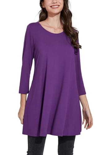 ENMAIN Women's Tops Plus Size Tunic Tops 3/4 Sleeve Flare Hem Purple Loose Fit Casual Blouse to Wear with Leggings XL