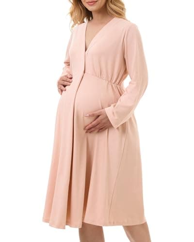 Momcozy Womens Nursing Maternity Nightgown for Breastfeeding, Labor and Delivery Gown, Long Sleeve Postpartum Night Gown Pink