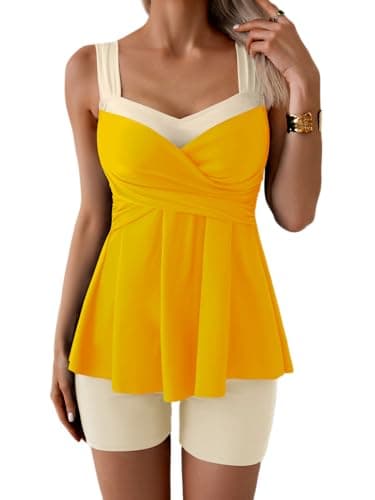 B2prity Tankini Swimsuits for Women Tummy Control Two Piece Modest Bathing Suits Floral Skirt Top with Boyshorts White, Yellow