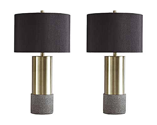 Signature Design by Ashley Jacek Contemporary Table Lamp, 2 Count, 3 Way Switch, Metal, Poly Resin and Drum Shade, 15" W x 15" D x 27.25" H, Gray & Brass Finish