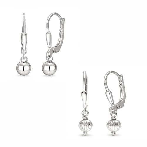 Set of 2 Pairs 925 Sterling Silver Classic Ball with Leverback Diamond-Cut Drop Dangle Earrings For Women 5 MM