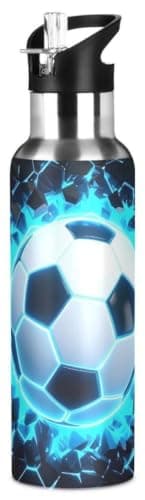 3D Soccer Football Blue Water Bottle Kids Boys Girls Insulated Stainless Steel Hot Cold Water Flask with Straw Lid for Sports Gym Running 20 oz