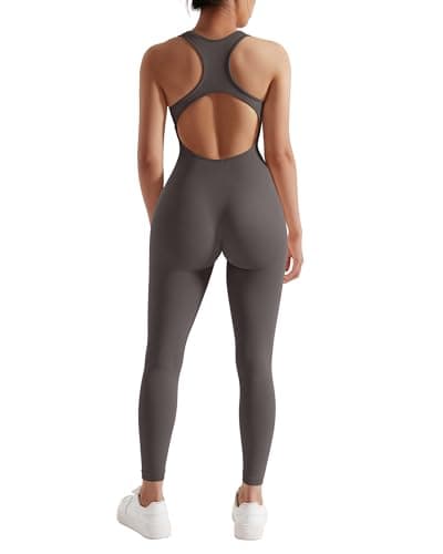 RXRXCOCO Women Backless One Piece Jumpsuits Sleeveless Scoop Neck Bodycon Romper Seamless Workout Yoga Jumpsuits Grey Small