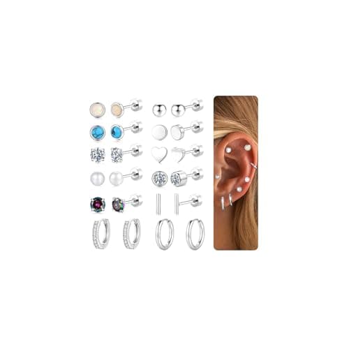 M MOOHAM Hypoallergenic Silver Flat Back Stud Earrings for Women, Pearl Stud Earrings Small Silver Hoop Earring Huggie Helix Cartilage Hoop Earring Sets Stacks, Jewelry Gifts for Women