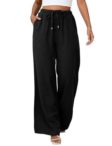 UMIPUBO Womens Linen Pants High Waisted Wide Leg Trousers Summer Palazzo Casual Pant Flowy Drawstring Beach Pants(Black,X-L)
