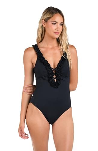 La Blanca Women's Island Goddess Ruffled Plunge One Piece Swimsuit, Black, 8