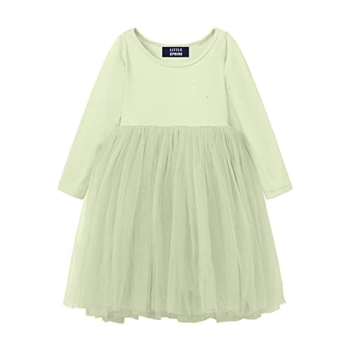 LittleSpring Toddler Tutu Dress for Grils Dresses 3T Green Dress Sparkly Tulle Dress Party Solid Long Sleeve Crew-Neck