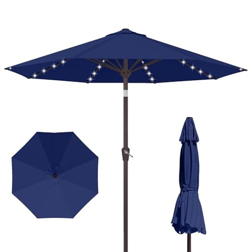 Kingdura 10FT Outdoor Patio Umbrella with Solar Lights, Market Table Umbrella with Push Button Tilt & Crank, 8 Sturdy Ribs, 32 LED Lights, UV Protection for Garden Lawn Deck Backyard Pool (Navy blue)