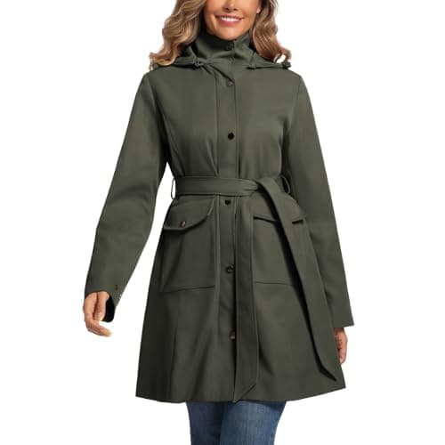 Rain Jacket Women Waterproof Trench Coat Adjustable Waist Tie Hood Green L