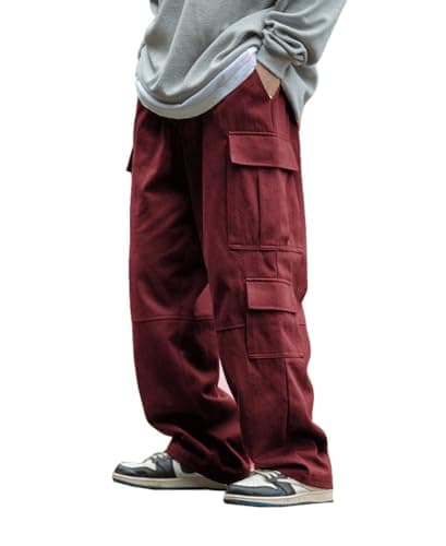 THWEI Men's Baggy Cargo Pants Casual Drawstring Trouser Red 3XL