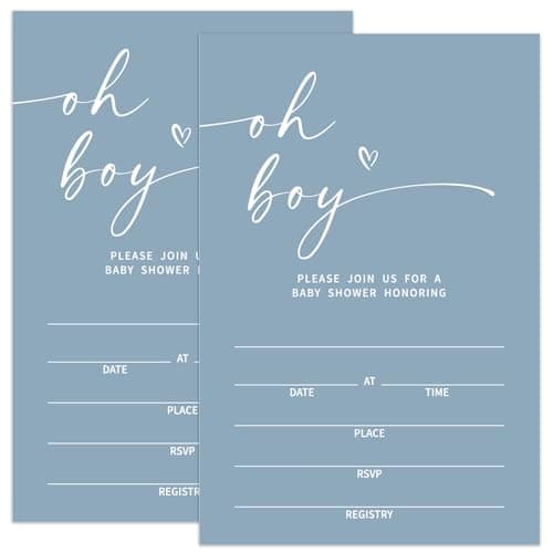 Tbaogusu Oh Boy Baby Shower Invites, Baby Shower Invitations For Boy, 25 Cards With 25 Envelopes Blue Fill-In Style Party Invitations For Boys -004