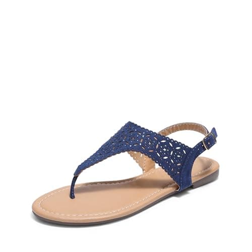 DREAM PAIRS Women's Rhinestone Casual Wear Cute Gladiator Flat Sandals Beach Dressy T-Strap Thong Sandals,Size 5.5,Navy,MEDINIE