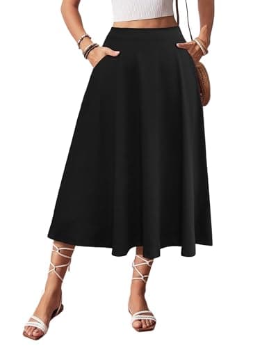 POPZONE Black Midi Skirt for Women Flared Flowly Casual Beach Skirt Black S
