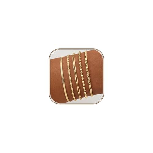 POXTEX 14K Gold Plated Bracelets for Women Waterproof, Non Tarnish Trendy Dainty Minimalist Stackable Jewelry Sets, Herringbone Cuban Paperclip Rope Bead Link Chain Stack Pack, Modern Fashion Accessories Gifts