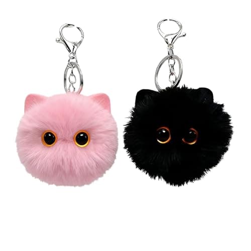 ZOONAI Cute Cat Plush Charm for Handbags, Kawaii Cat Pom Pom Keychain Purse Charms Handbag Pendant for Women Girls (Sliver-Black Pink)