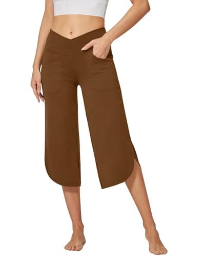 G4Free Summer Capris Women Wide Leg Loose Pants Dress Capri Pants Flowy Crop Pants Flare Casual Lounge Gauchoes(Dark Coffee,M,21")