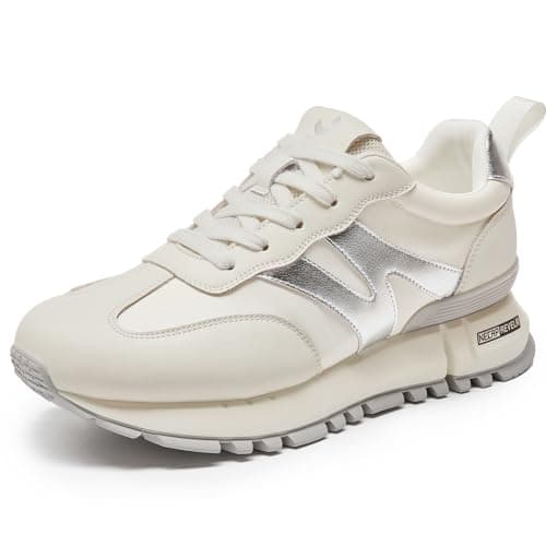 somiliss Sneakers for Women Genuine Leather Suede Patchwork Casual Lace Up Non-Slip Walking Shoes Comfortable Tennis Running Shoes Womens Fashion Sneakers Gray Silver